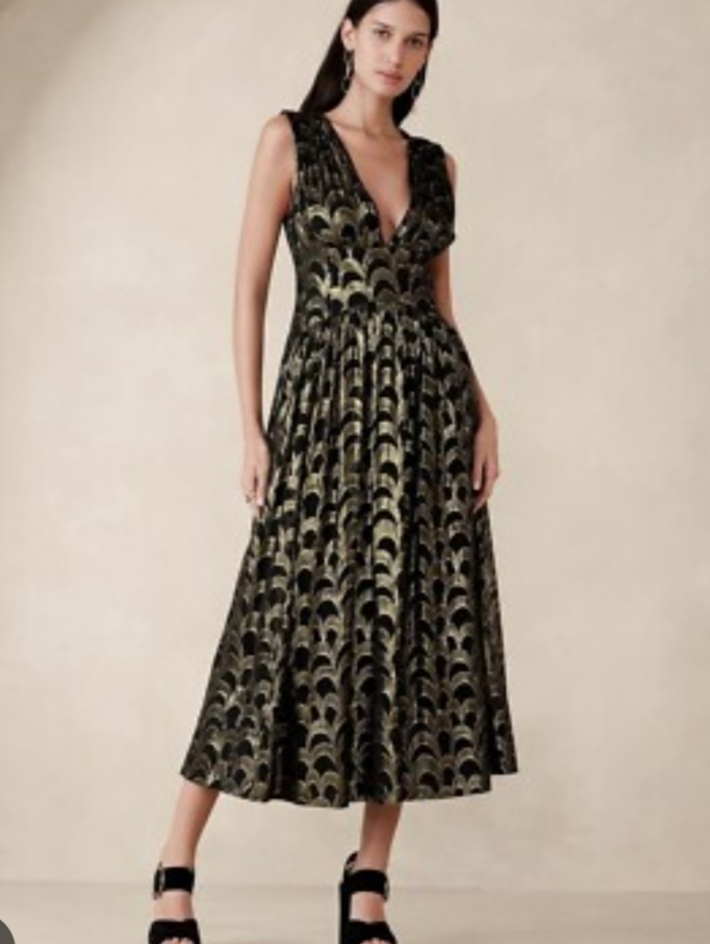 Banana Republic Mali Silk Jacquard Black and Gold V-Neck Midi Dress